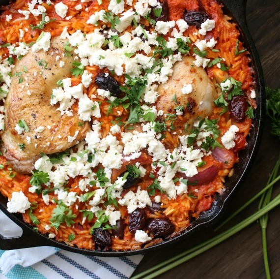 Chicken Skillet Bake with Orzo and Red Pepper Joanie Simon