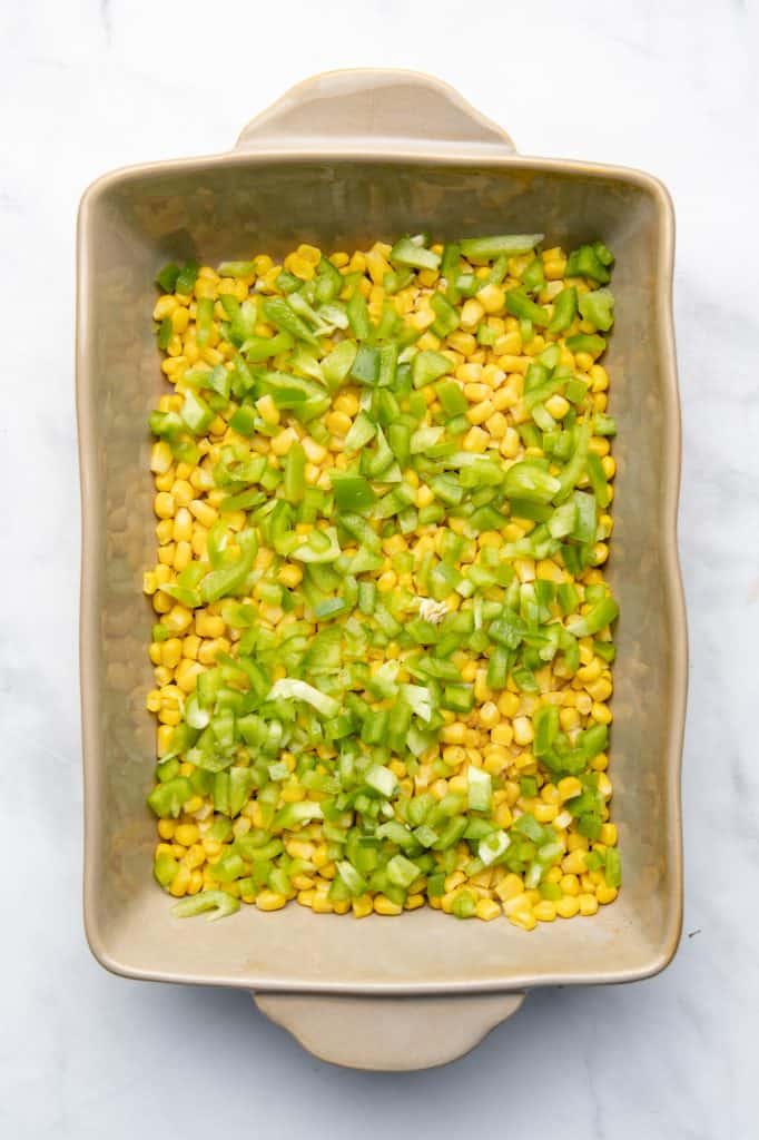 Corn and peppers in a casserole dish