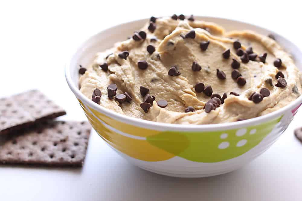 Bowl of Chocolate Chip Cookie Dough Hummus with Graham Crackers