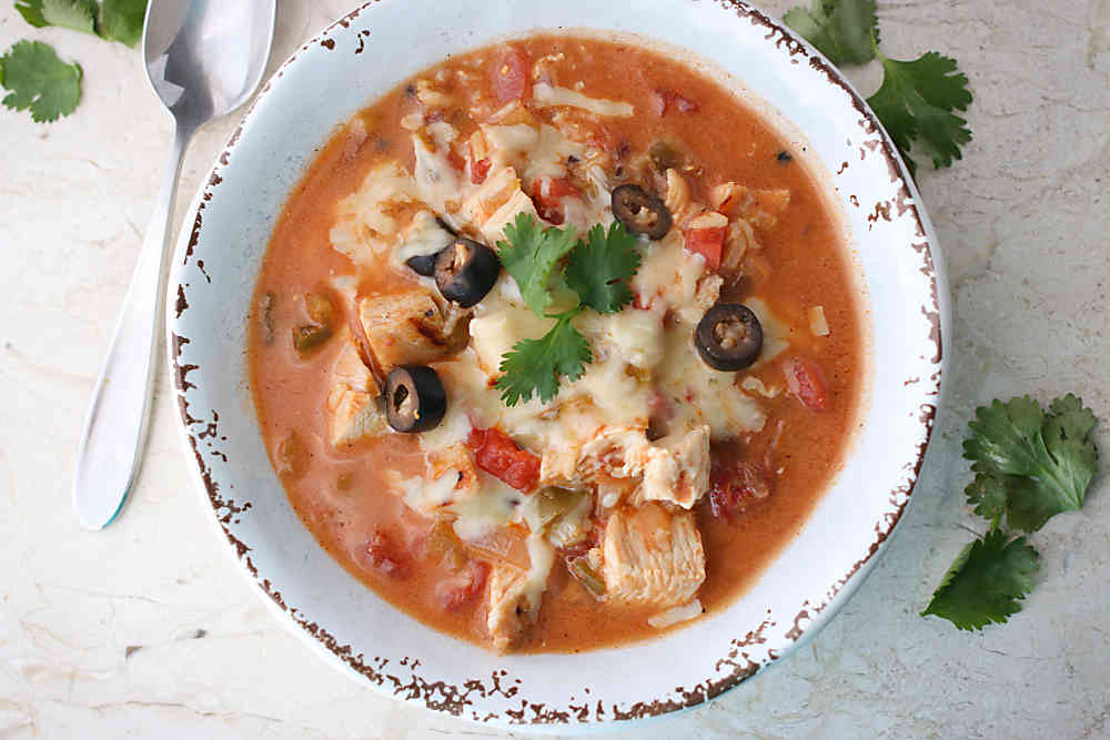 A bowl of hearty Mexican Chicken and Rice Soup