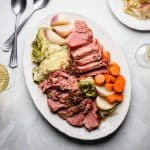 A dinner spread of corned beef and cabbage made in the instant pot