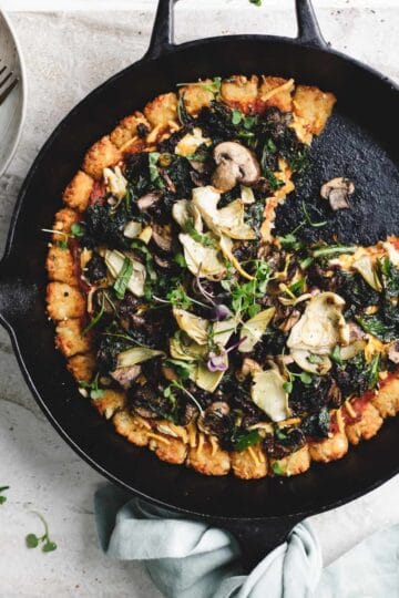 Vegan Tater Tot Pizza with Mushrooms and kale