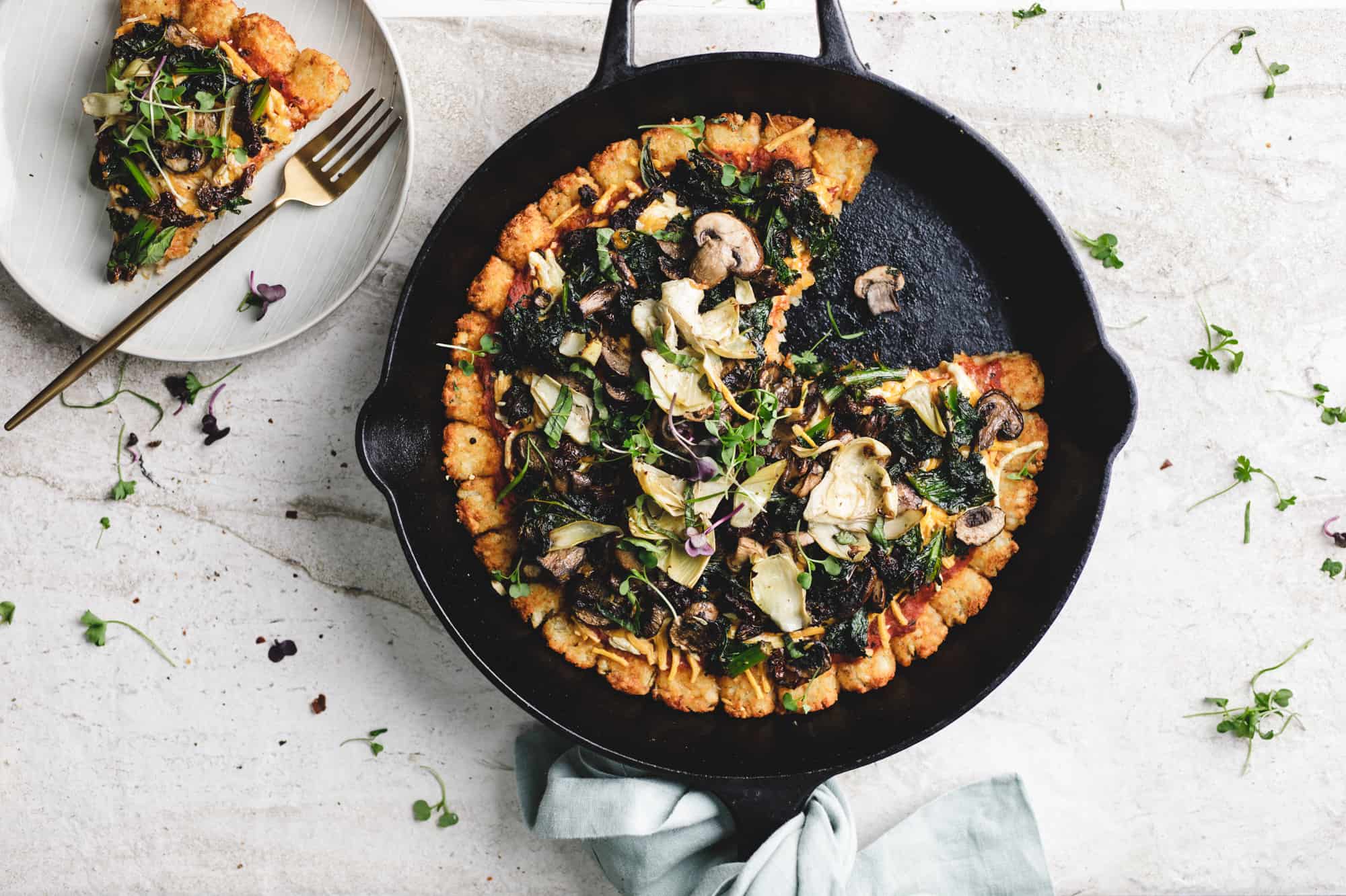 Vegan Tater Tot Pizza with Mushrooms and kale