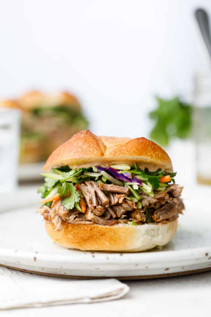 Head on shot of a pulled pork sandwich with broccoli slaw on a white plate