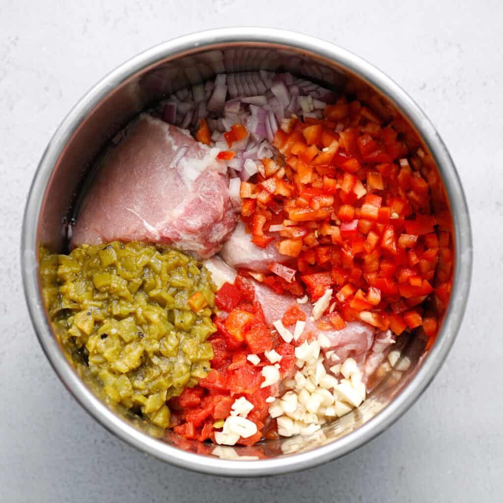 overhead view of the ingredients for Chile Pork Stew in an Instant Pot