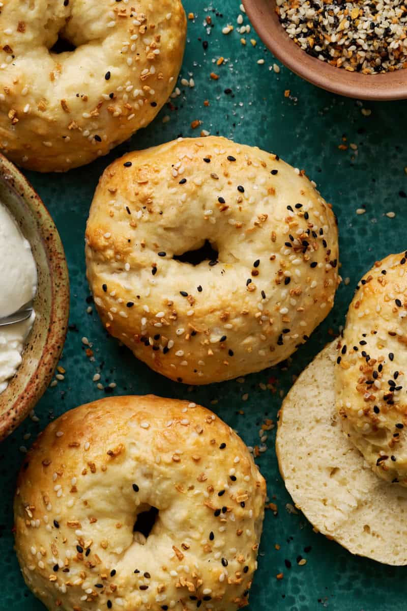 Cottage Cheese Bagels overhead with everything bagel seasoning sprinkled on top