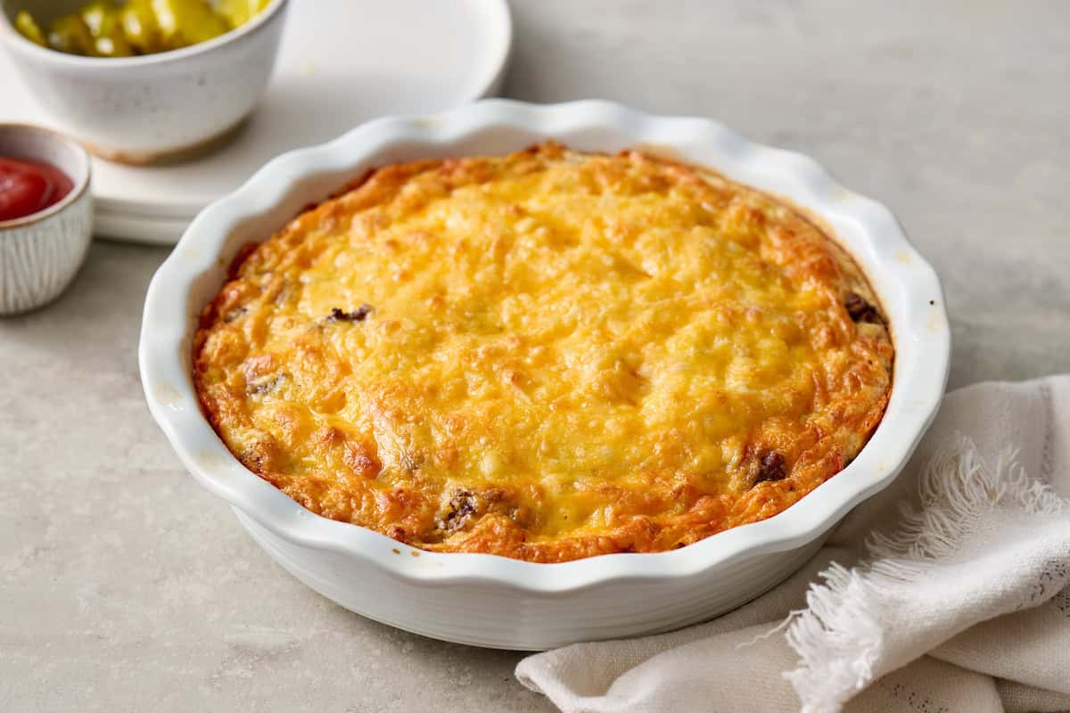 Cheeseburger pie fresh from the oven unsliced
