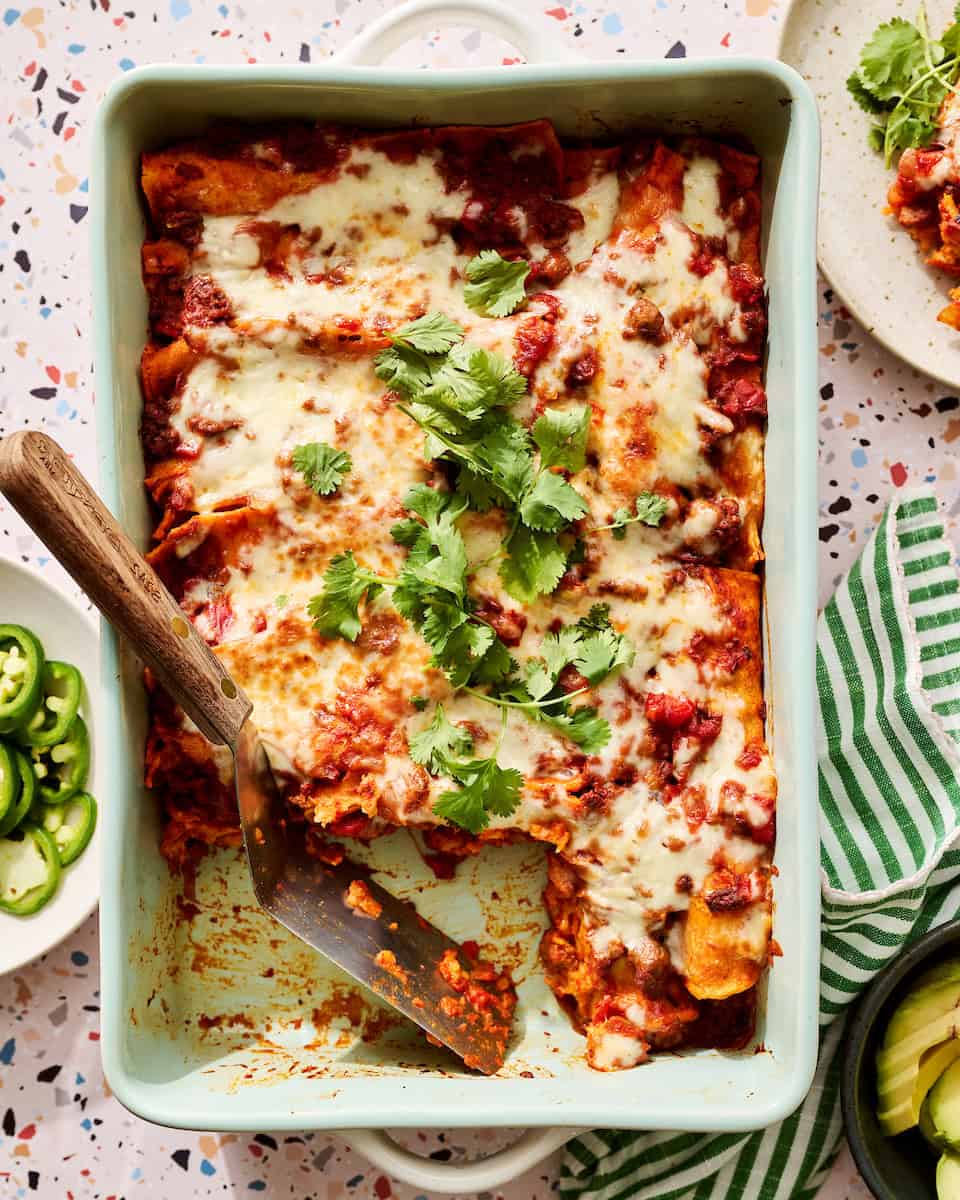 Ground Beef Enchiladas with a serving removed