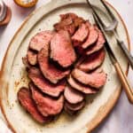 tri tip roast sliced and served