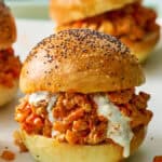 buffalo chicken sloppy joes on homemade sourdough rolls with blue cheese dressing