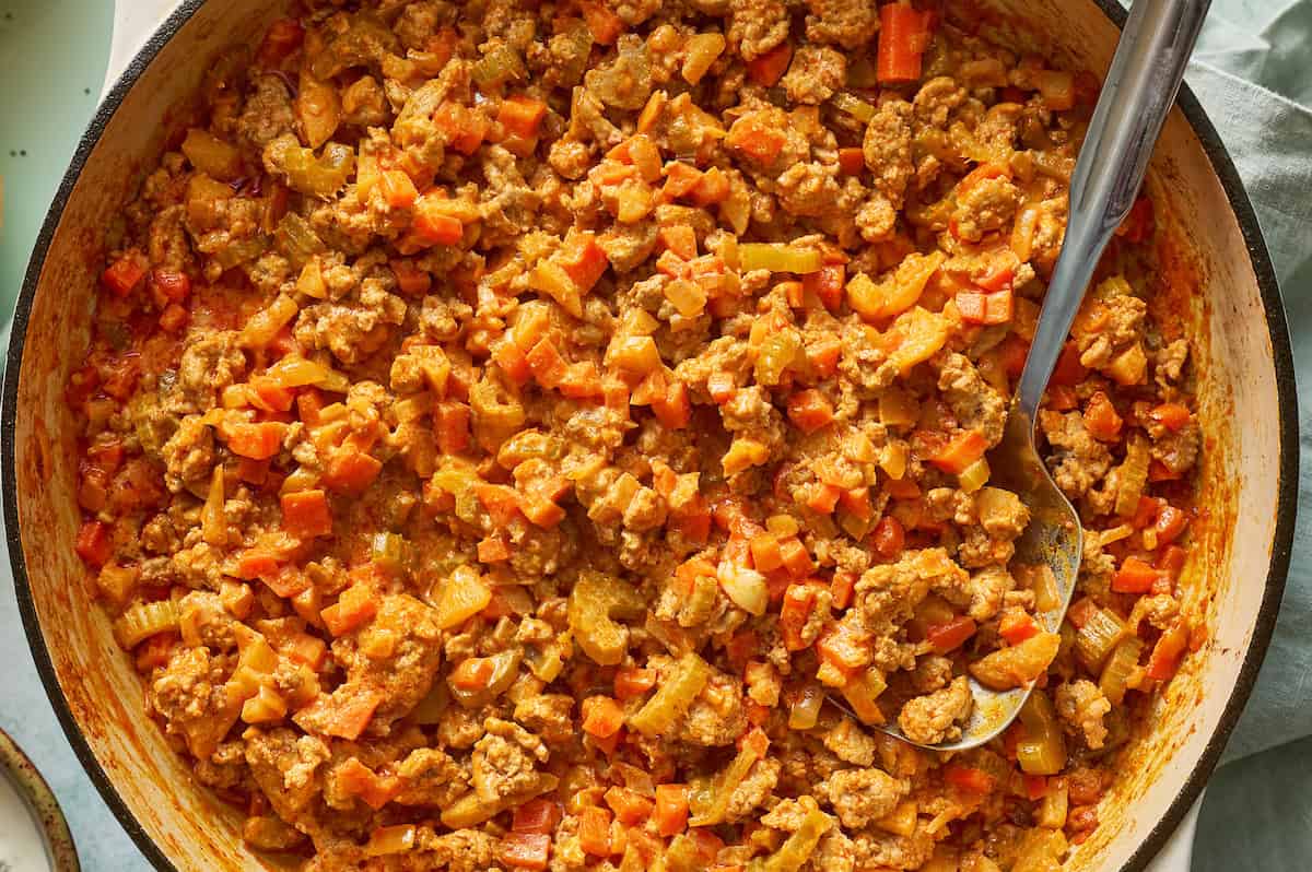 closeup of healthy buffalo chicken sloppy joes in a pan