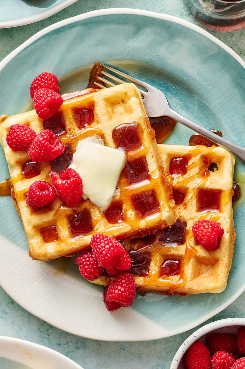 sourdough discard waffles with berries and syrup