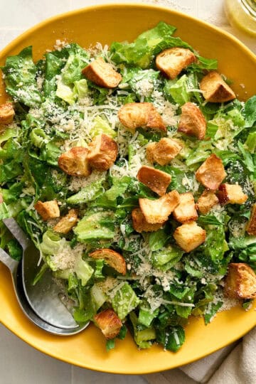 caesar salad with two kinds of parmesan cheese, lemony dressing, croutons and romaine lettuce