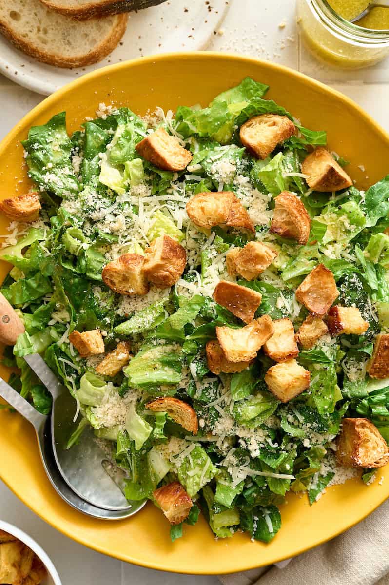 caesar salad with two kinds of parmesan cheese, lemony dressing, croutons and romaine lettuce