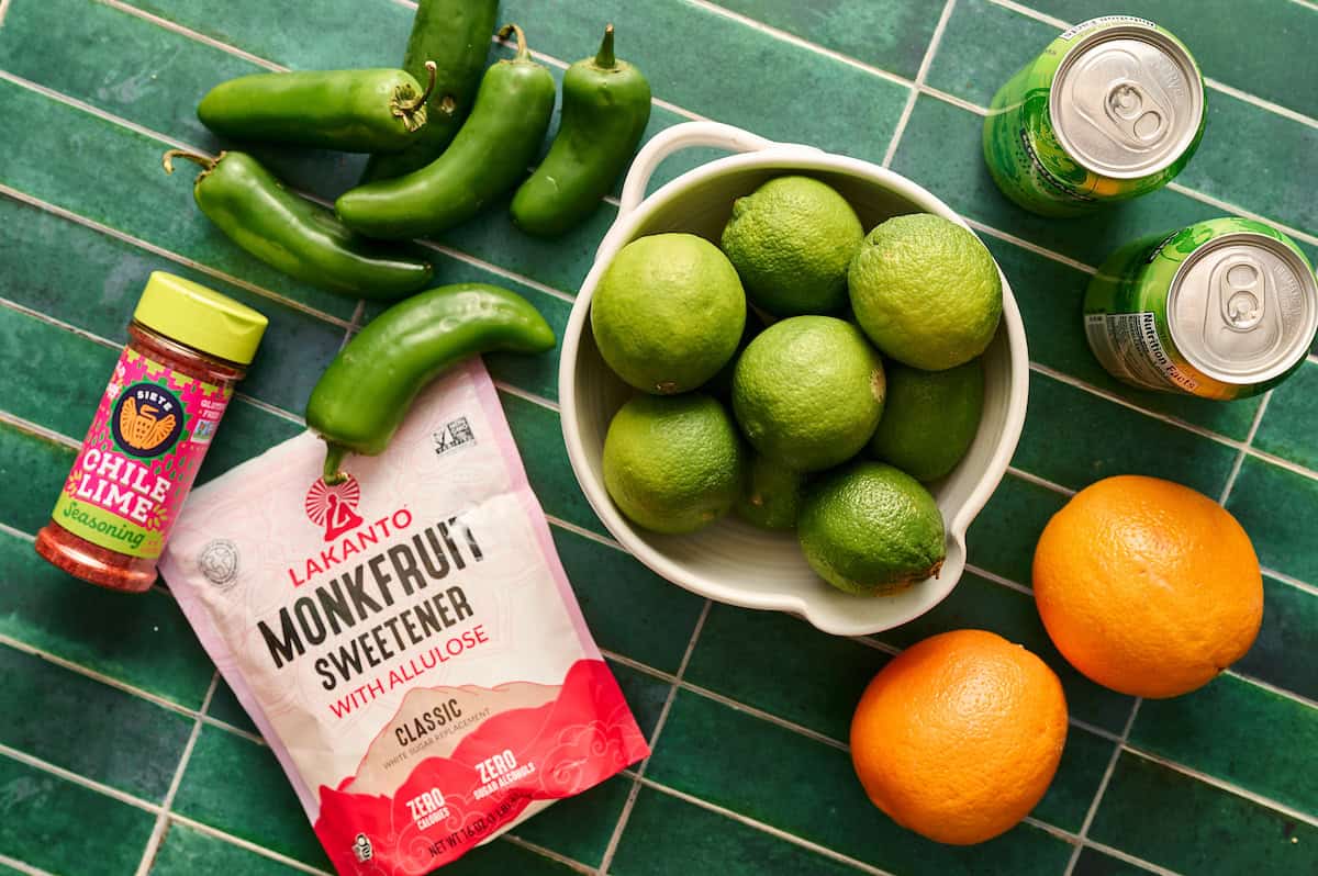 sugar free spicy margarita mocktail ingredients including sweetener and chili lime for the rim