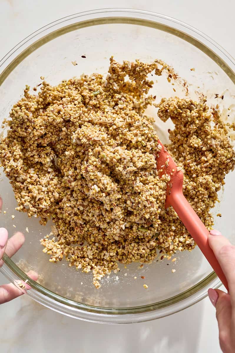 stirring buckwheat with wet ingredients