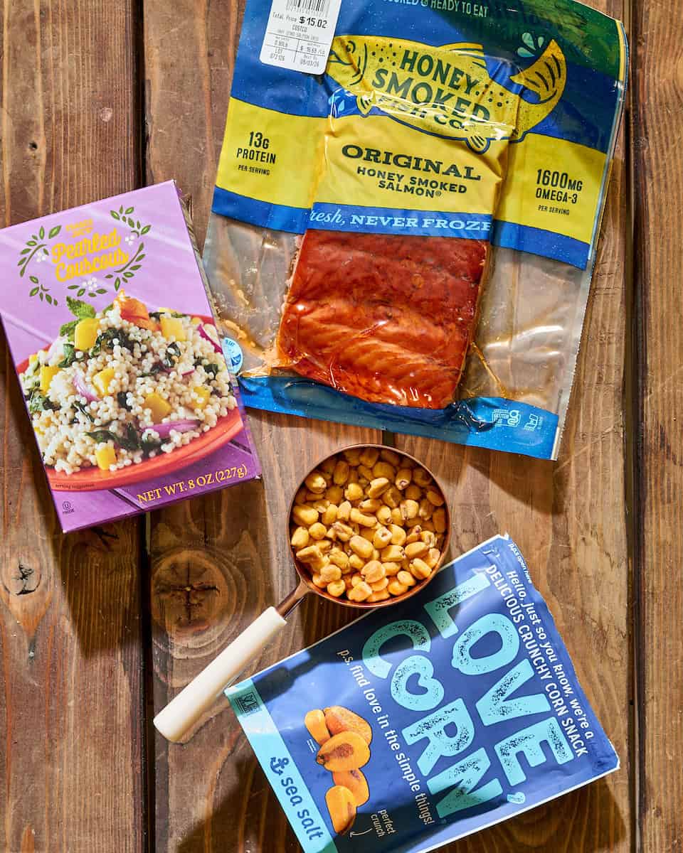 dried corn, couscous and smoked salmon for making the salad