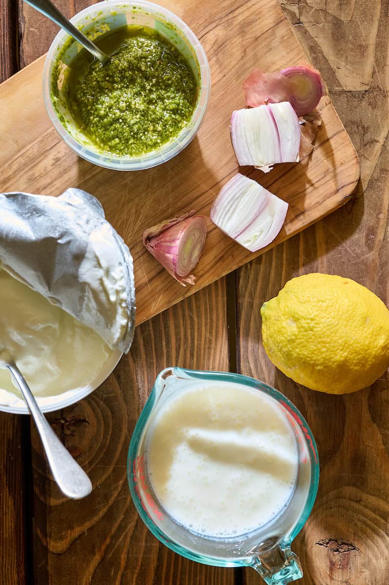pesto, lemon, shallot, buttermilk and yogurt for making the dressing