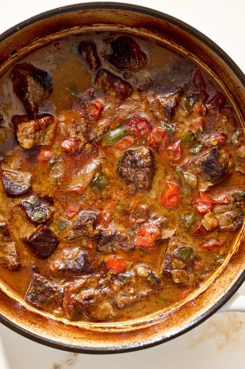 the pot of stewed beef right after its final braising in the oven