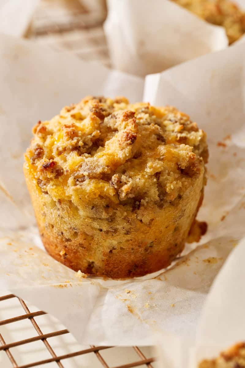 unwrapped muffin on a cooling rack