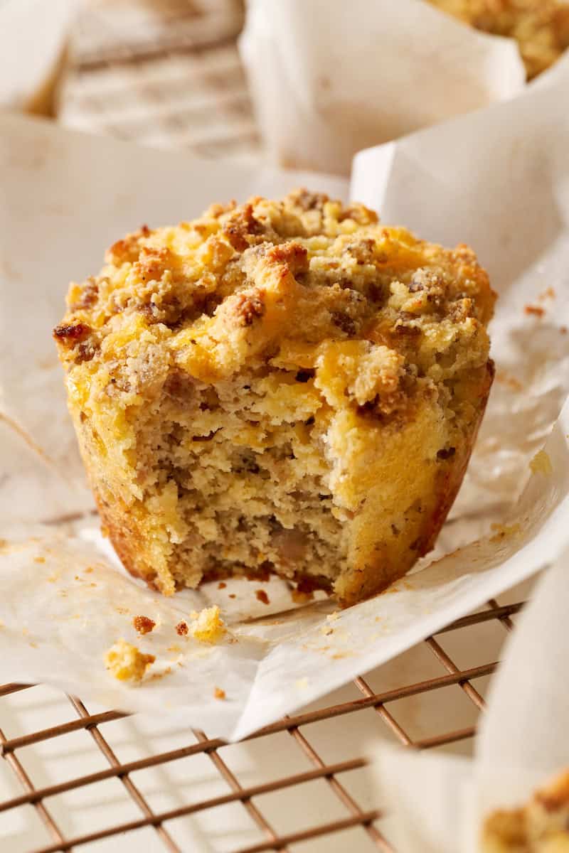 unwrapped muffin with a bite taken out