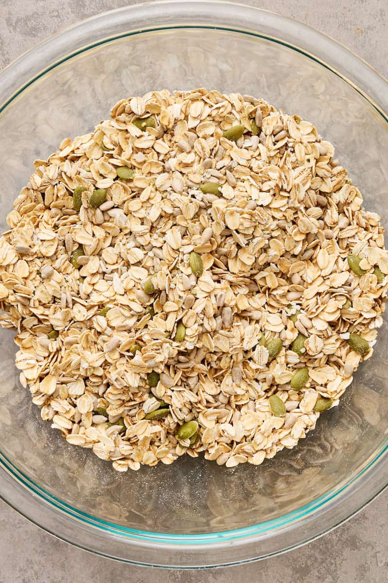 dry ingredients including oats in a mixing bowl