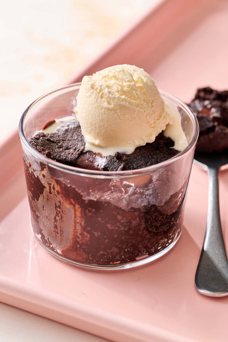 brownie mug cake topped with ice cream