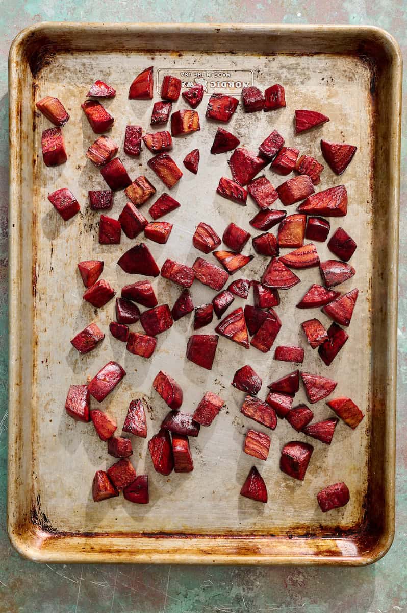 diced beets on a baking sheet