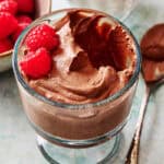 cottage cheese chocolate mousse in a glass with raspberries on the side
